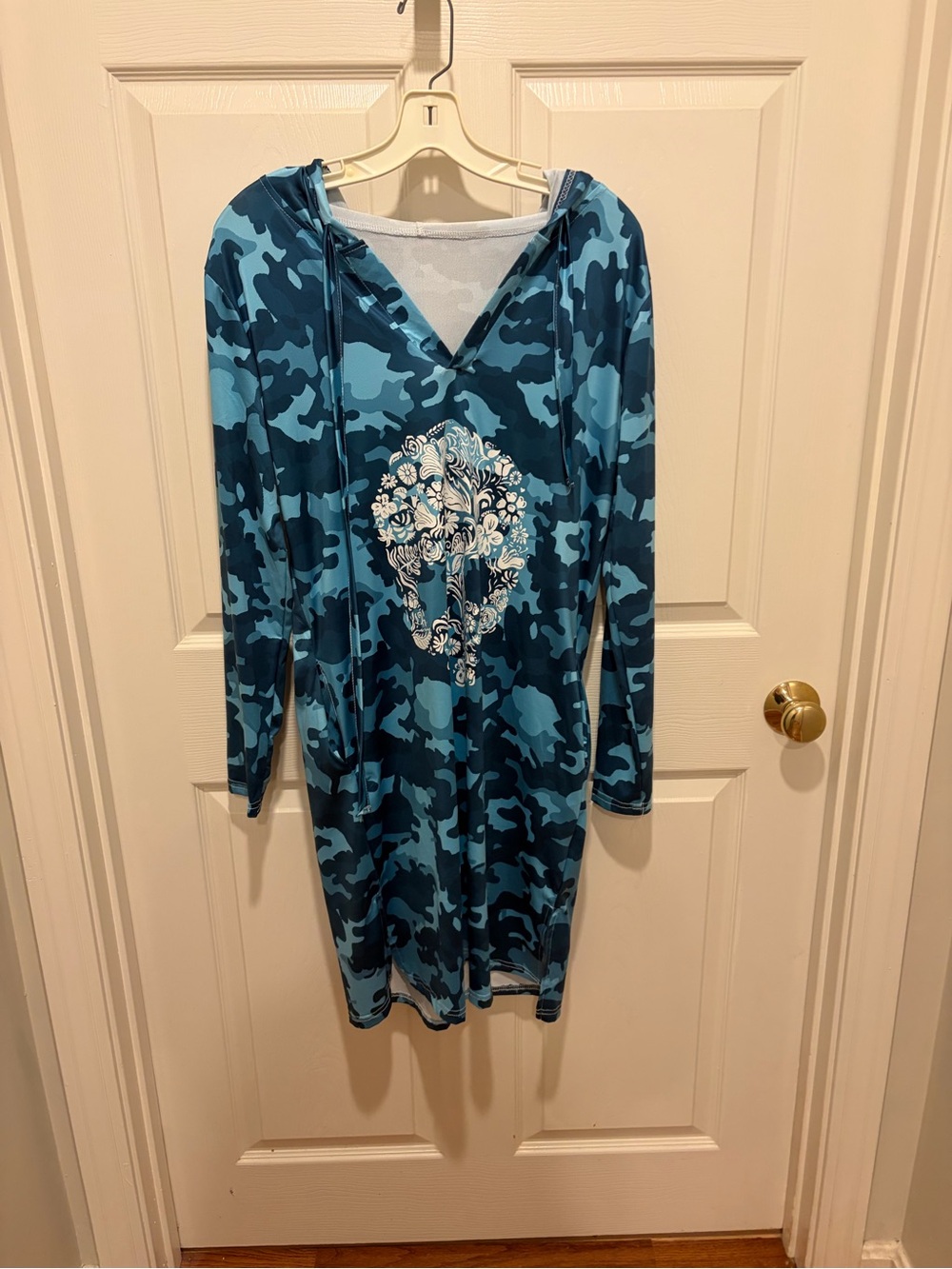 Blue Camo Hooded Beach Coverup with Floral Skull Detail